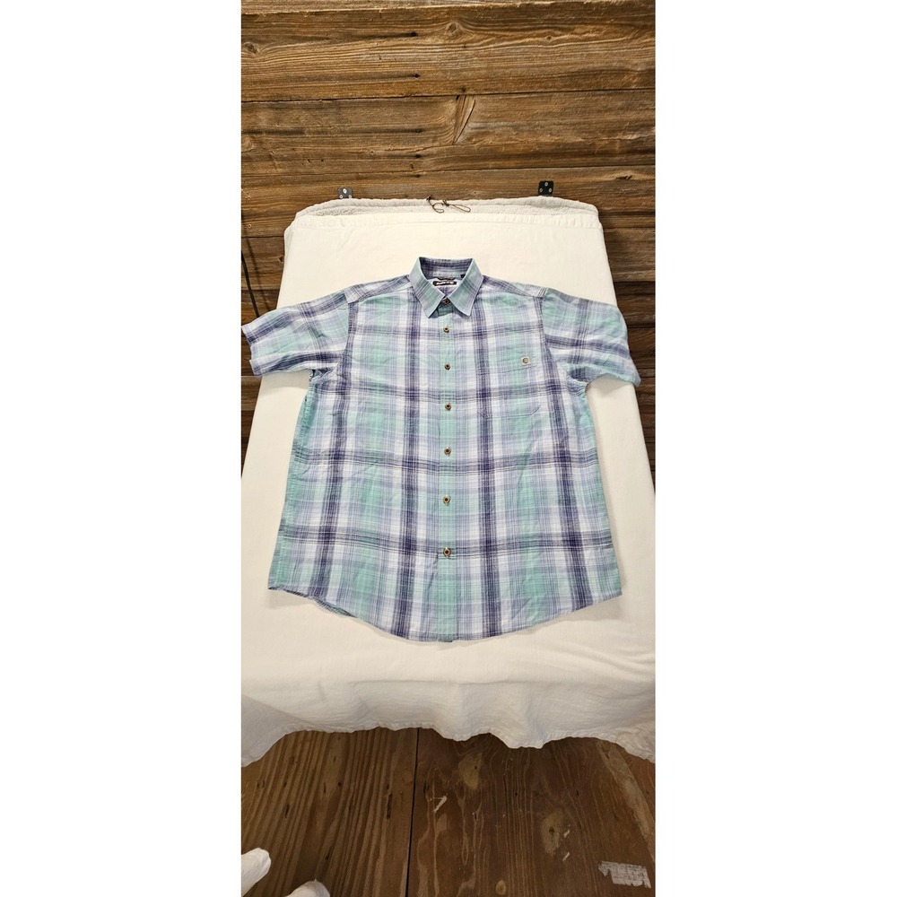 Solaris Mens Short Sleeve Button Down Plaid Shirt Blue Teal Size M